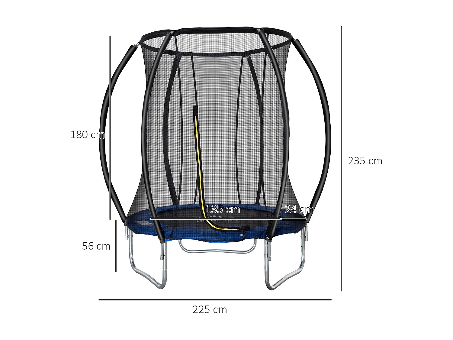 Trampoline enfant Ø 2,25 × 2,35H m filet de sécurité porte zipée couvre-ressorts 6 poteaux rembourrés incurvés bleu
