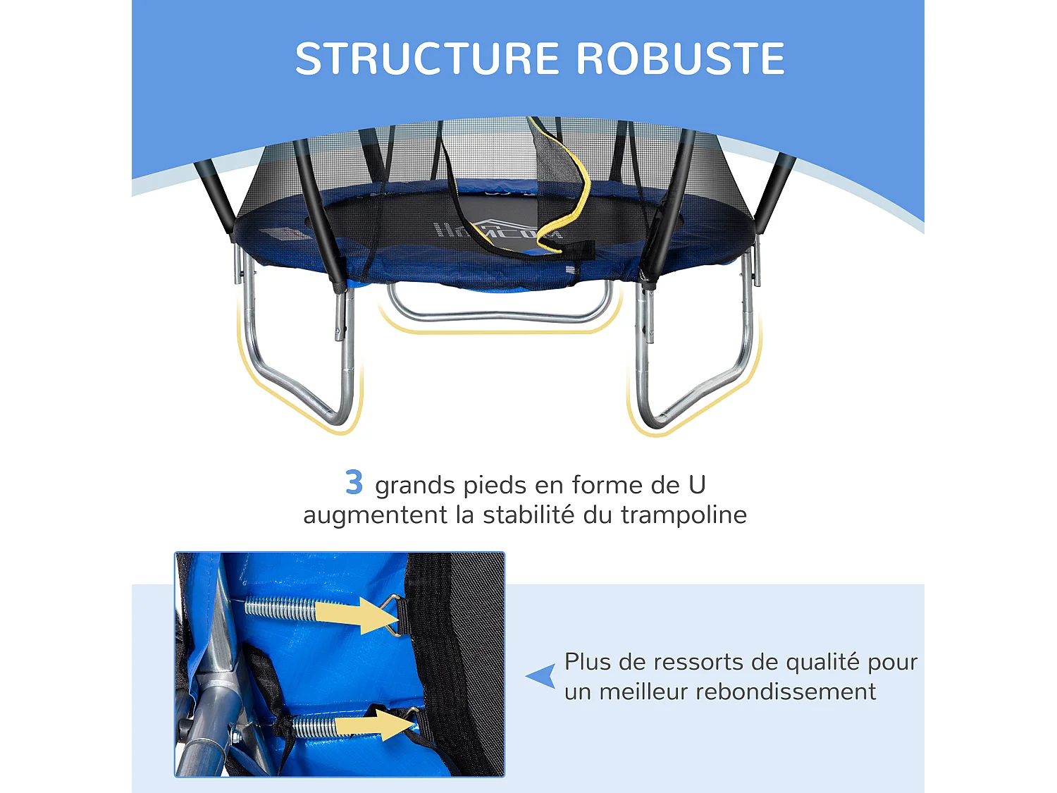 Trampoline enfant Ø 2,25 × 2,35H m filet de sécurité porte zipée couvre-ressorts 6 poteaux rembourrés incurvés bleu