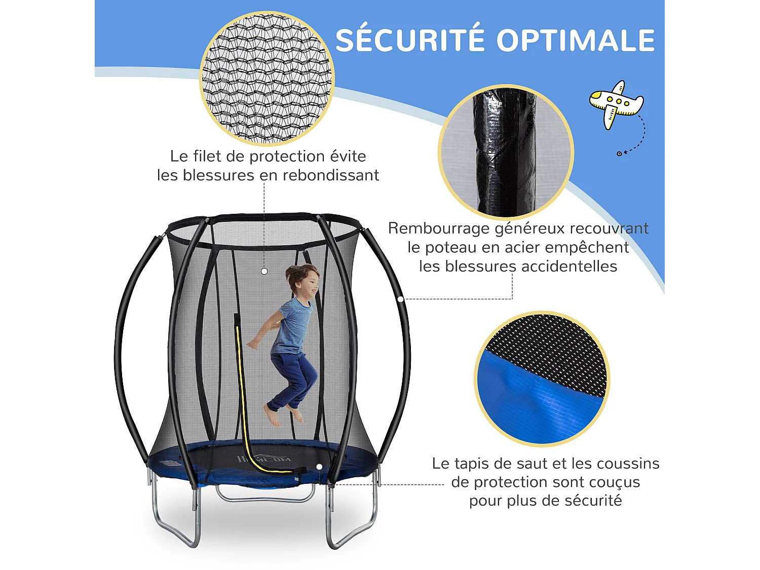 Trampoline enfant Ø 2,25 × 2,35H m filet de sécurité porte zipée couvre-ressorts 6 poteaux rembourrés incurvés bleu