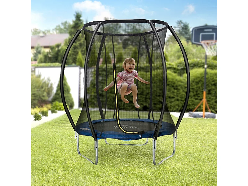Trampoline enfant Ø 2,25 × 2,35H m filet de sécurité porte zipée couvre-ressorts 6 poteaux rembourrés incurvés bleu
