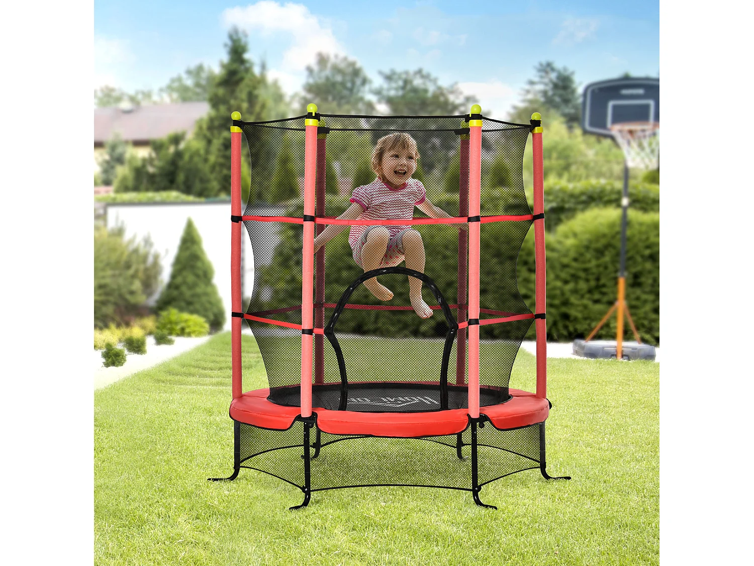 Trampoline enfant Ø 1,63 × 1,63H m filet de sécurité porte zipée couvre-ressorts 6 poteaux rembourrés inclus rouge