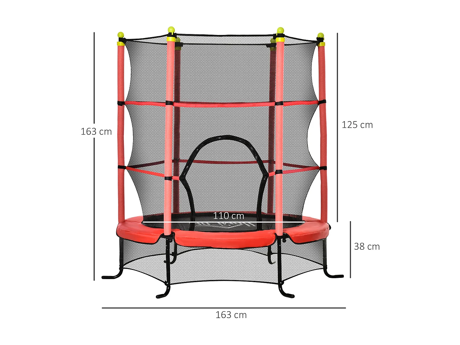 Trampoline enfant Ø 1,63 × 1,63H m filet de sécurité porte zipée couvre-ressorts 6 poteaux rembourrés inclus rouge