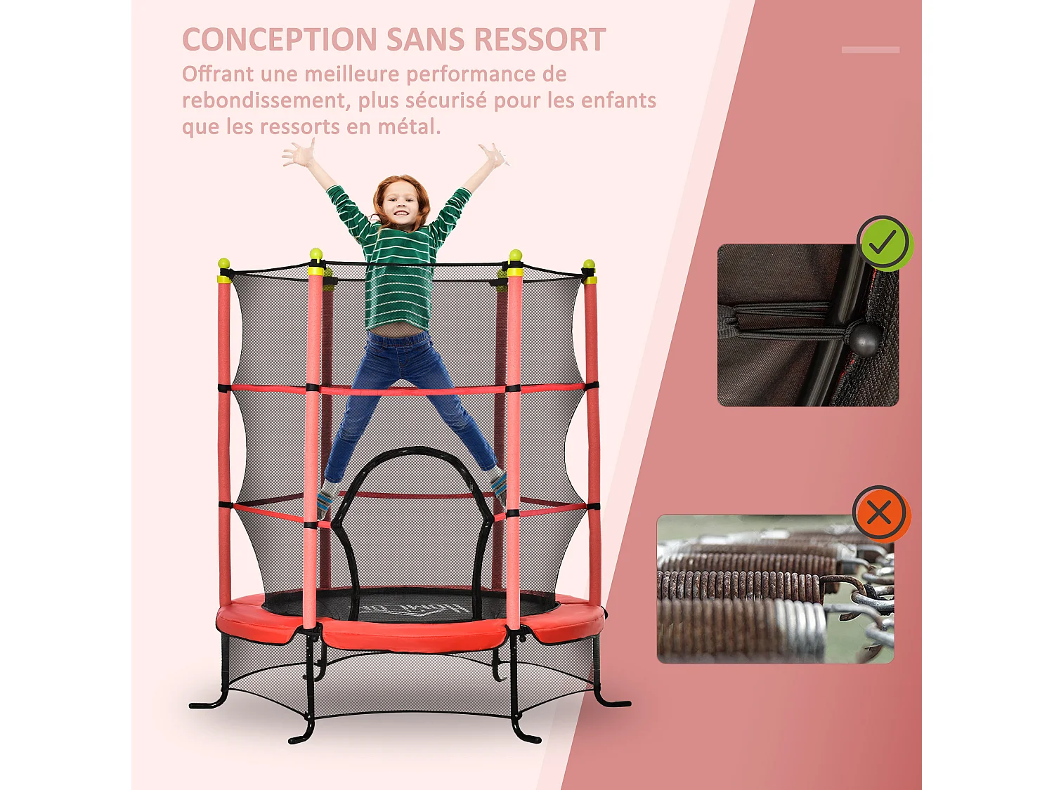 Trampoline enfant Ø 1,63 × 1,63H m filet de sécurité porte zipée couvre-ressorts 6 poteaux rembourrés inclus rouge