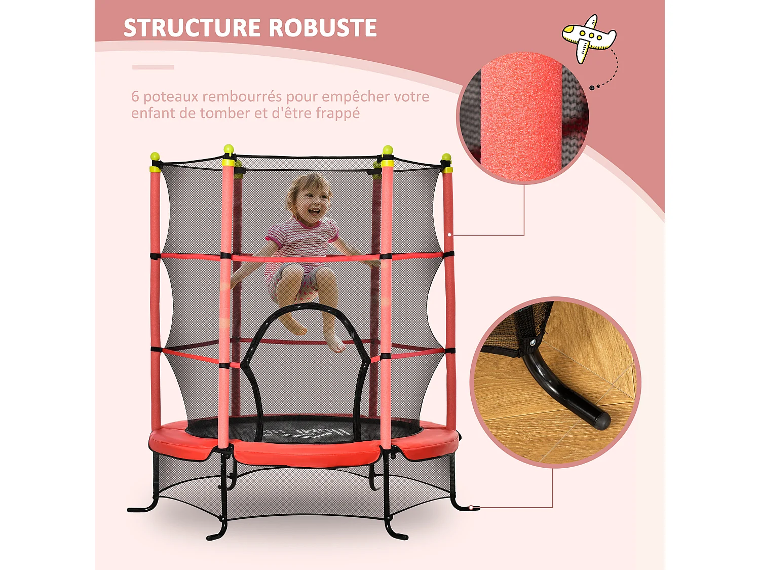 Trampoline enfant Ø 1,63 × 1,63H m filet de sécurité porte zipée couvre-ressorts 6 poteaux rembourrés inclus rouge