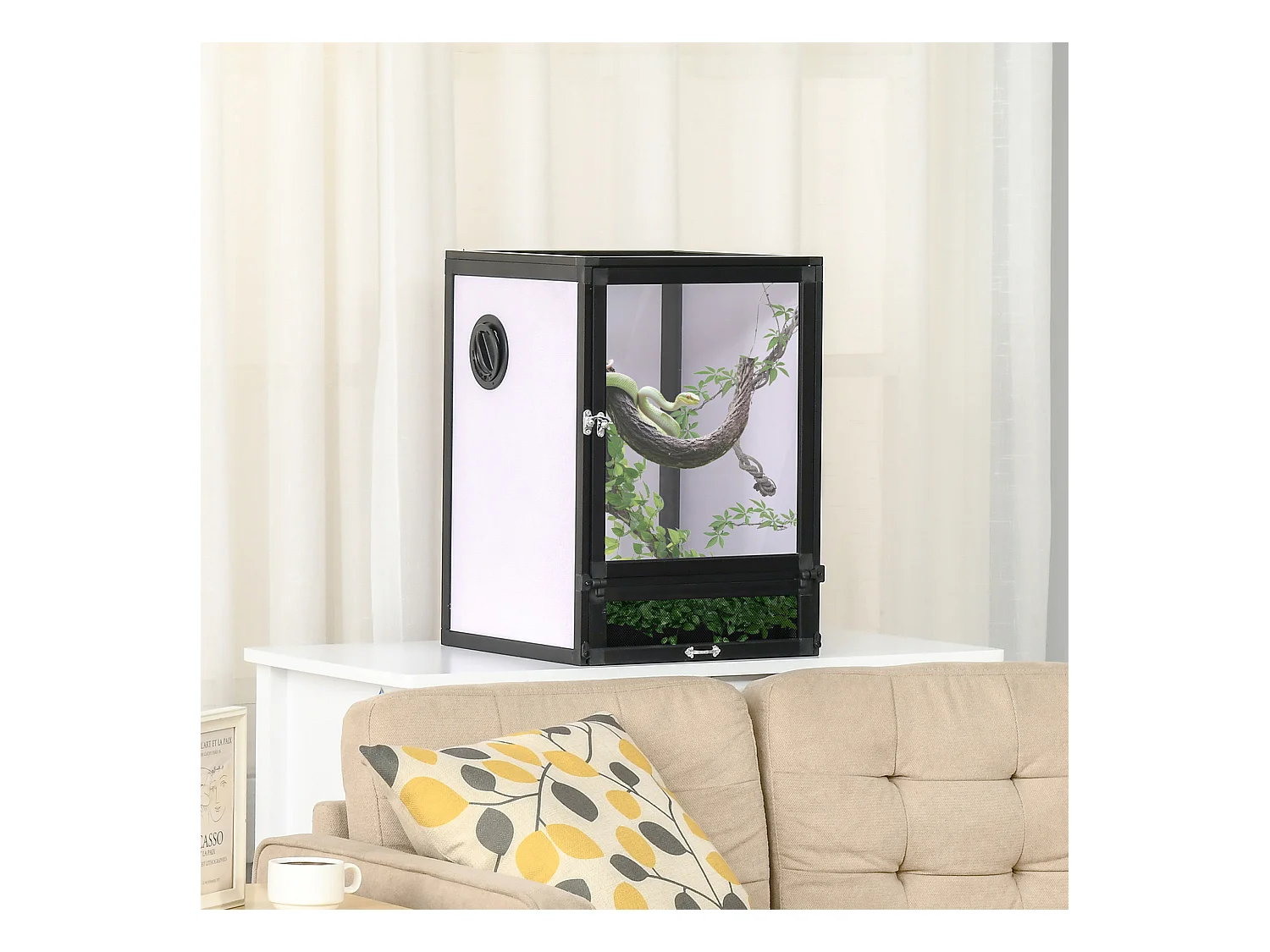 Terrarium vivarium boîte pour reptiles dim. 32L x 32l x 46H cm avec passe-câble, fond en ABS, plateau amovible noir blanc