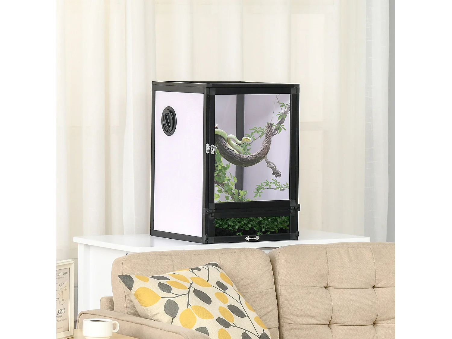 Terrarium vivarium boîte pour reptiles dim. 32L x 32l x 46H cm avec passe-câble, fond en ABS, plateau amovible noir blanc