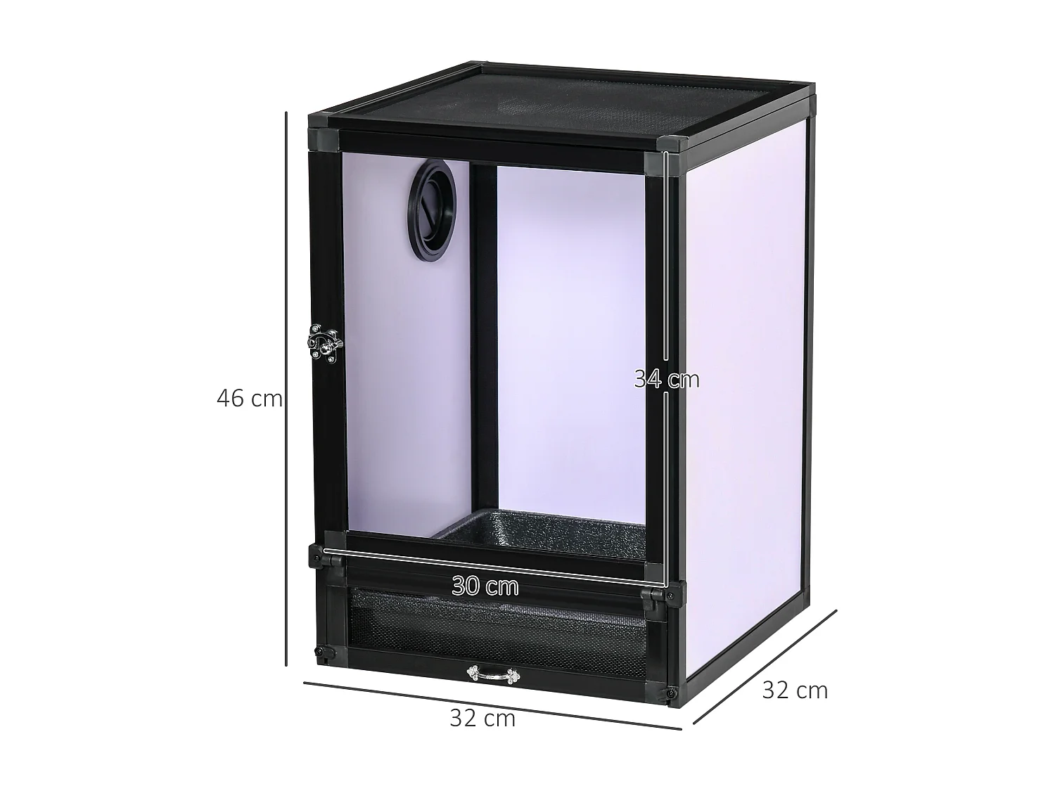 Terrarium vivarium boîte pour reptiles dim. 32L x 32l x 46H cm avec passe-câble, fond en ABS, plateau amovible noir blanc