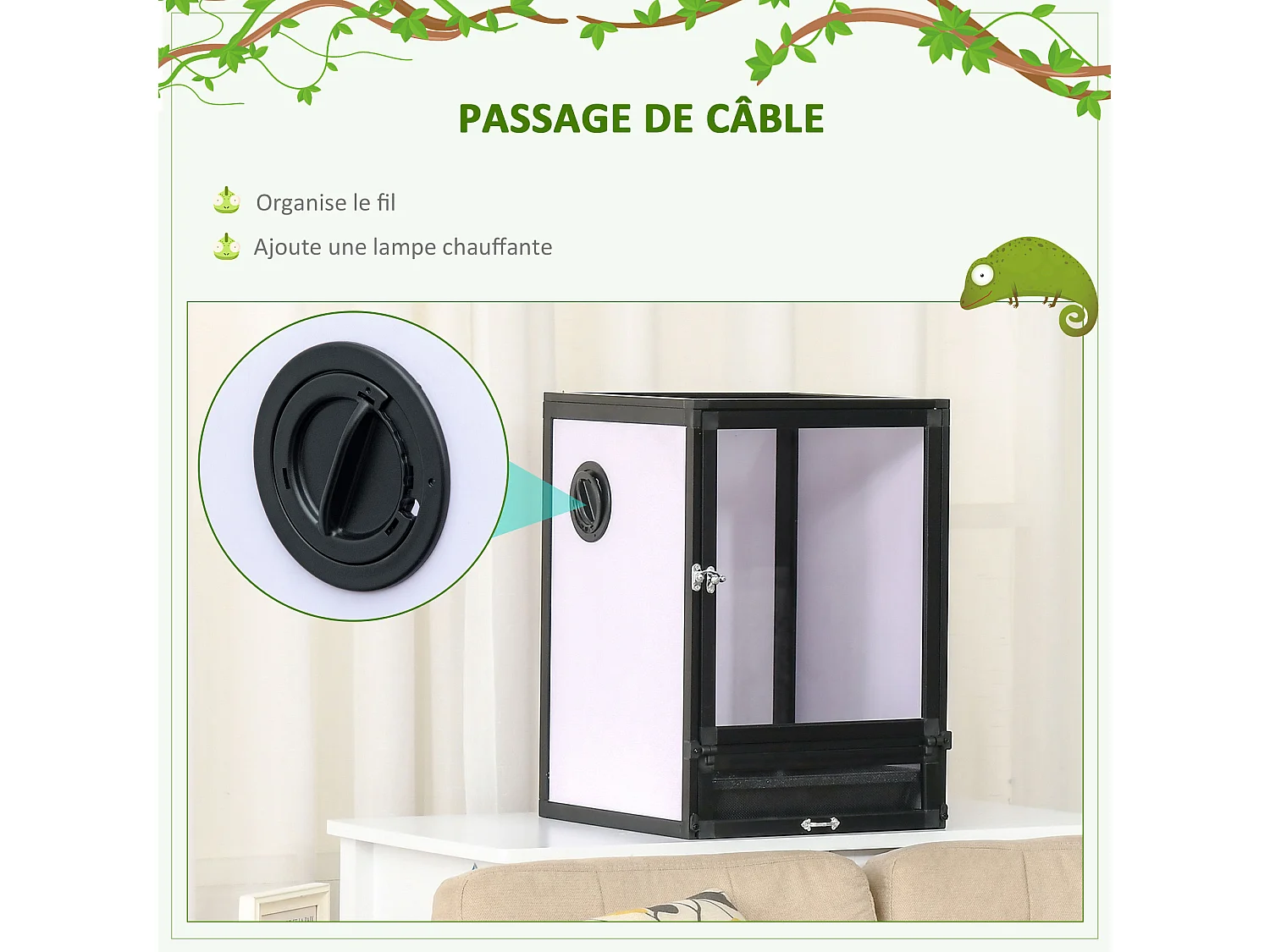 Terrarium vivarium boîte pour reptiles dim. 32L x 32l x 46H cm avec passe-câble, fond en ABS, plateau amovible noir blanc