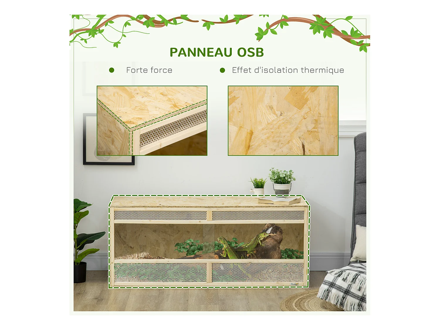 Terrarium - vivarium reptiles & batraciens - 2 portes coulissantes verre trempé - parois frontales maillées - OSB métal