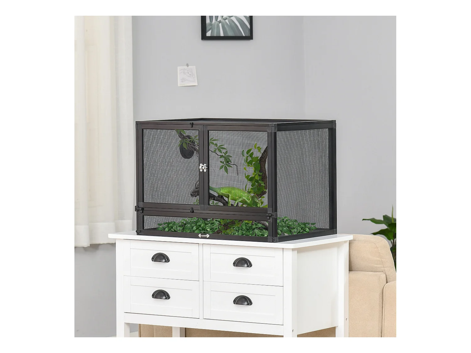Terrarium vivarium grillagé pour reptiles dim. 60 x 40 x 41 cm avec passe-câbles - structure aluminium - noir