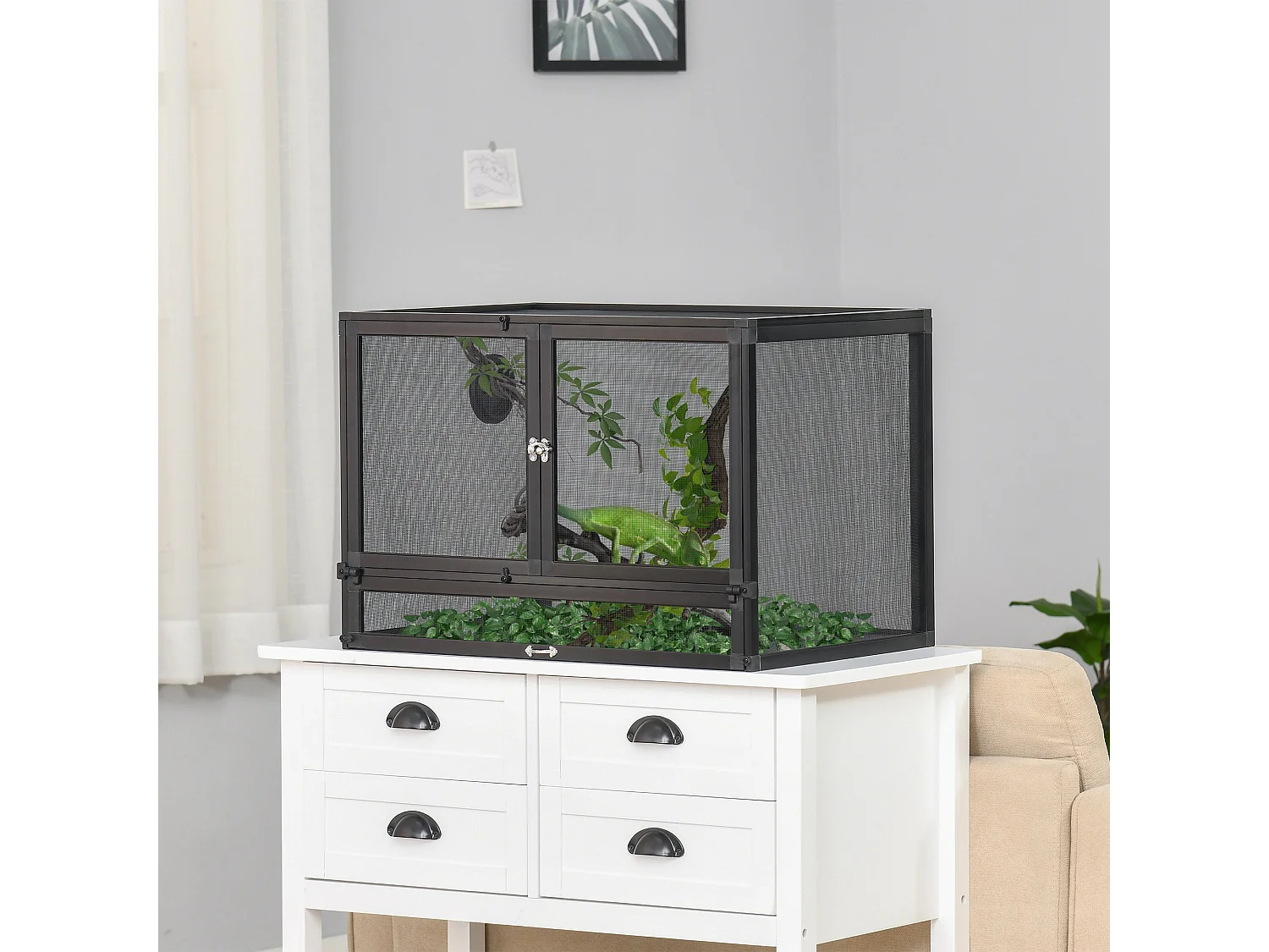 Terrarium vivarium grillagé pour reptiles dim. 60 x 40 x 41 cm avec passe-câbles - structure aluminium - noir