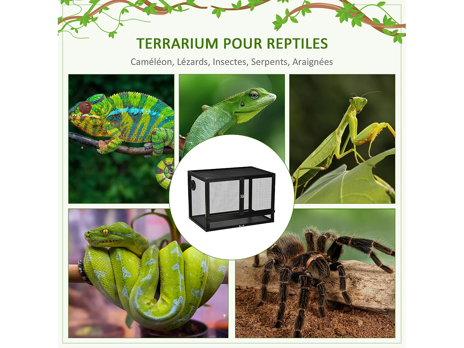Terrarium vivarium grillagé pour reptiles dim. 60 x 40 x 41 cm avec passe-câbles - structure aluminium - noir