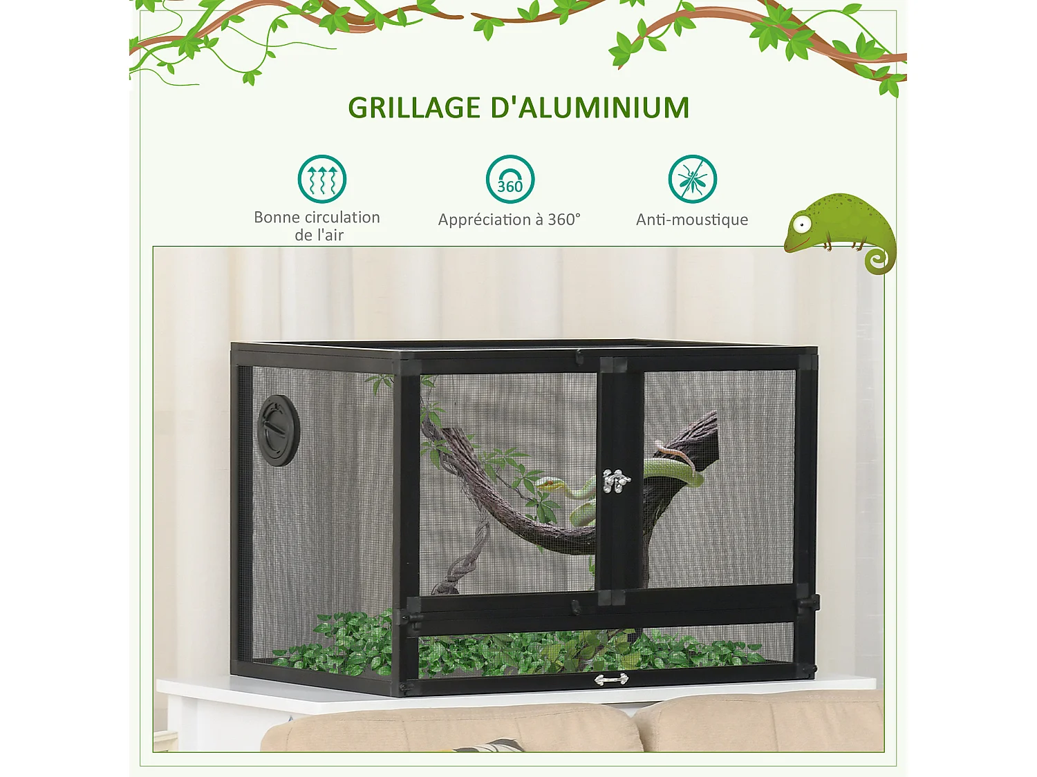 Terrarium vivarium grillagé pour reptiles dim. 60 x 40 x 41 cm avec passe-câbles - structure aluminium - noir