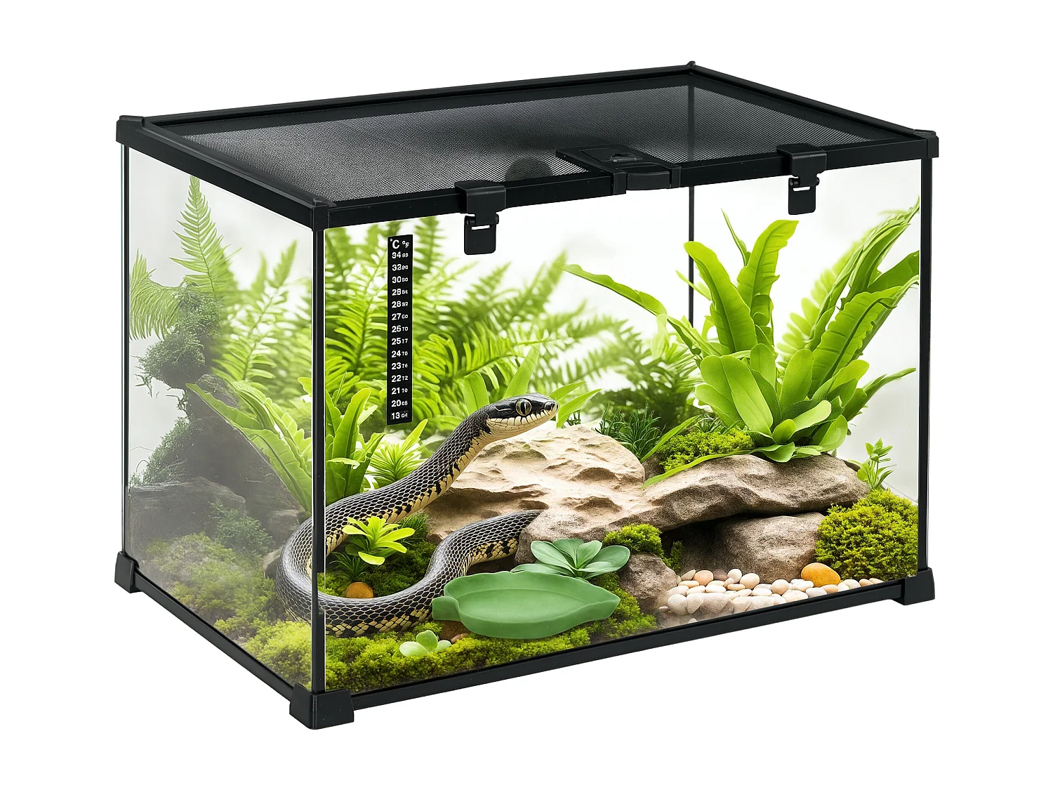 Terrarium en verre - vivarium reptile & batracien - habitat tortue - couvercle grillagé couliant verrouillable - ditributeur eau, thermomètre - métal noir verre
