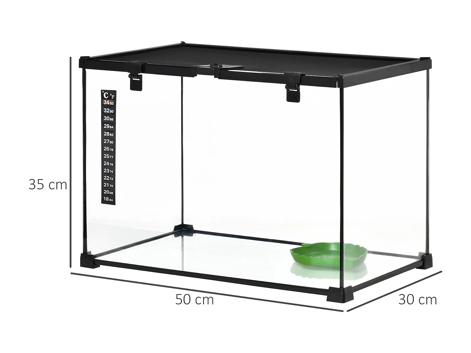 Terrarium en verre - vivarium reptile & batracien - habitat tortue - couvercle grillagé couliant verrouillable - ditributeur eau, thermomètre - métal noir verre
