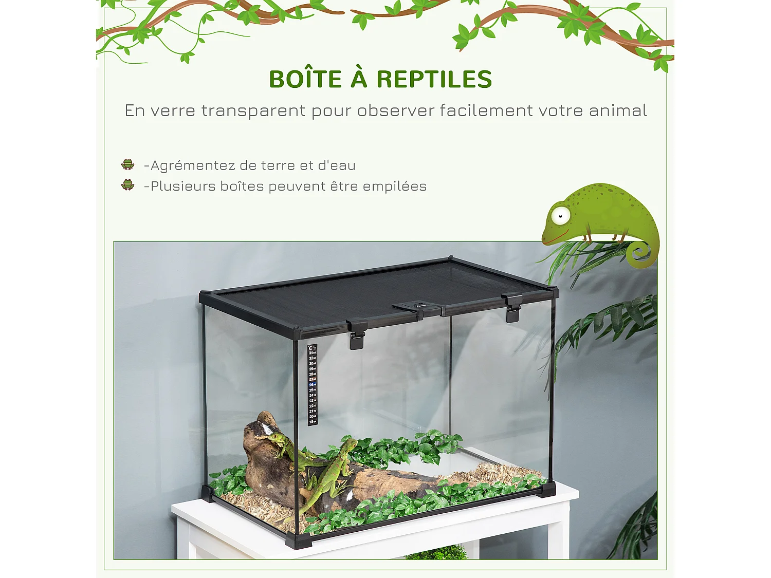 Terrarium en verre - vivarium reptile & batracien - habitat tortue - couvercle grillagé couliant verrouillable - ditributeur eau, thermomètre - métal noir verre