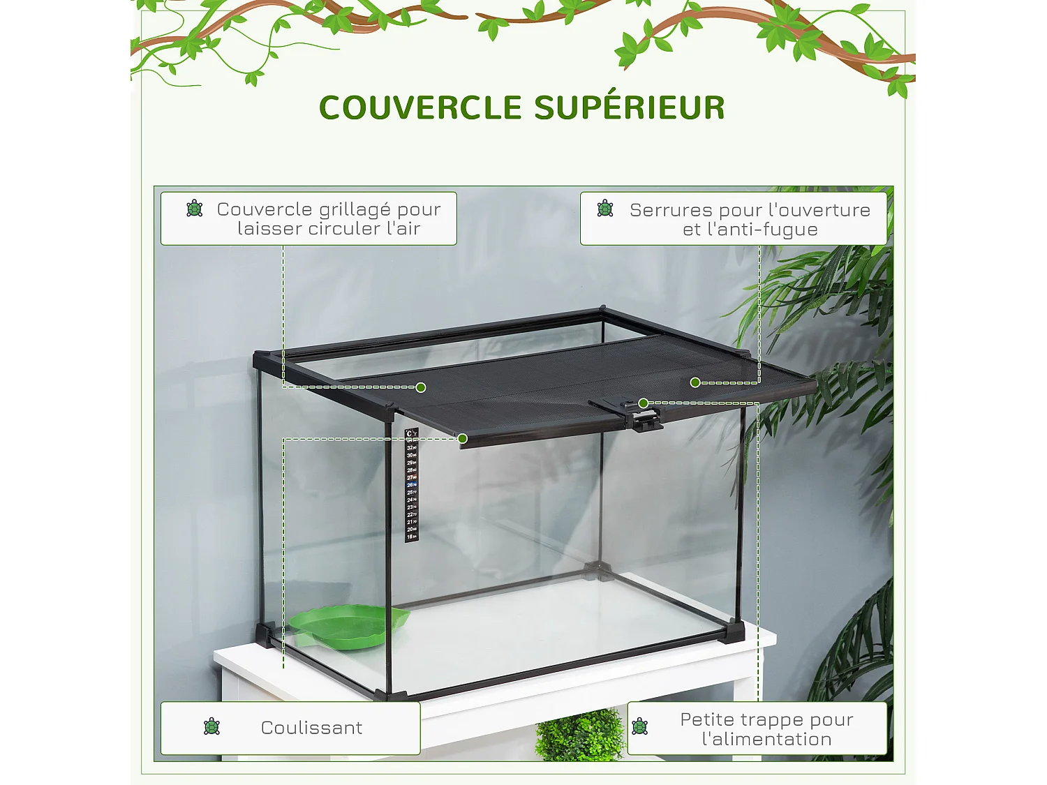 Terrarium en verre - vivarium reptile & batracien - habitat tortue - couvercle grillagé couliant verrouillable - ditributeur eau, thermomètre - métal noir verre