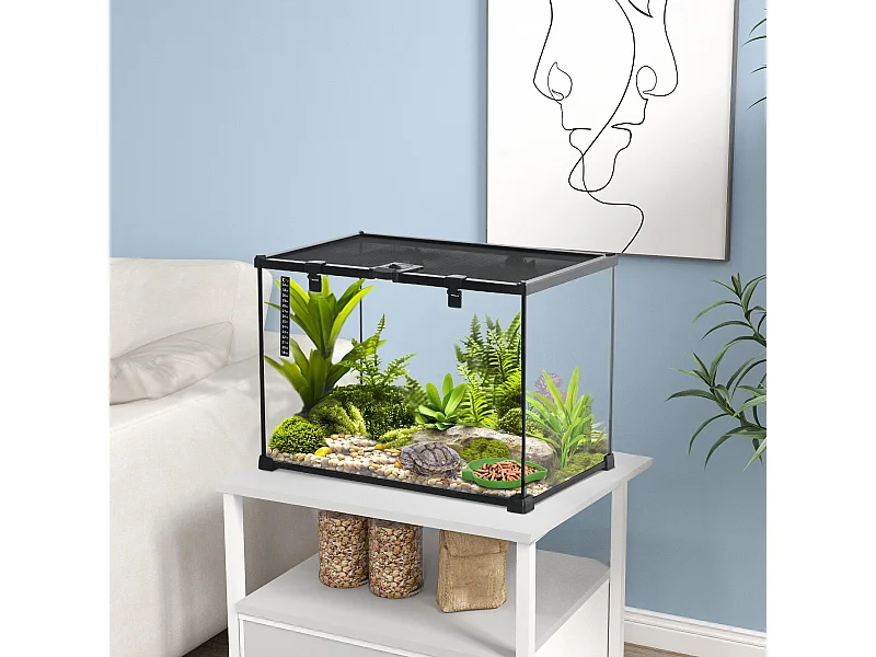 Terrarium en verre - vivarium reptile & batracien - habitat tortue - couvercle grillagé couliant verrouillable - ditributeur eau, thermomètre - métal noir verre