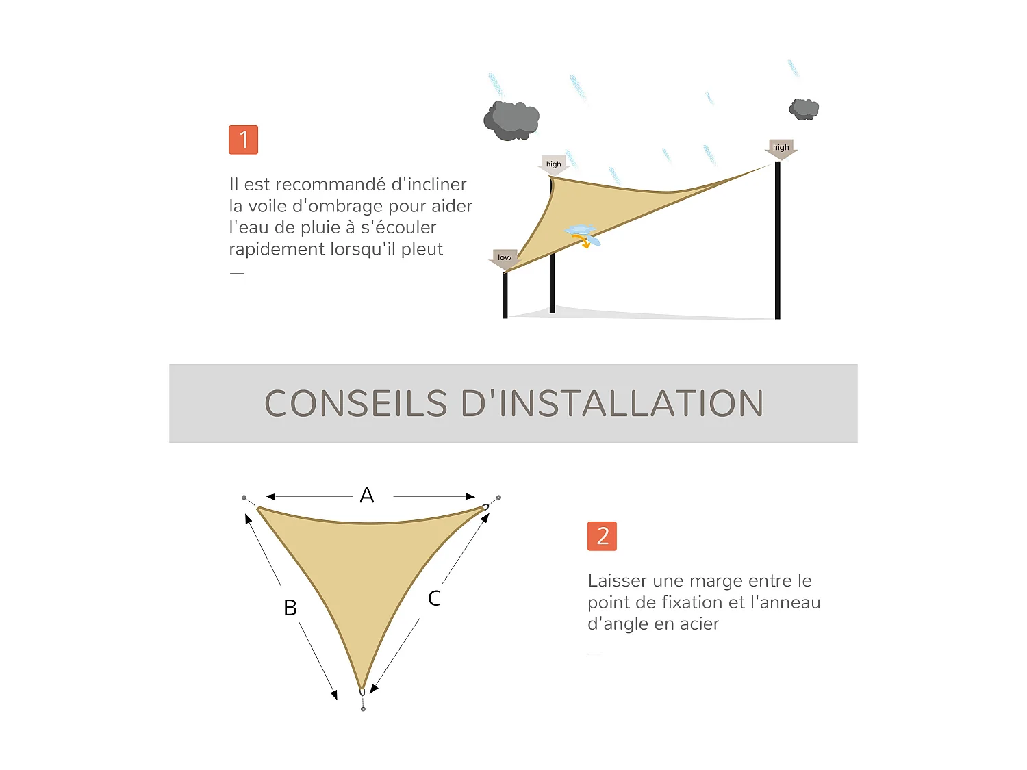 Voile d'ombrage triangulaire grande taille 4 x 4 x 4 m polyéthylène haute densité résistant aux UV coloris sable