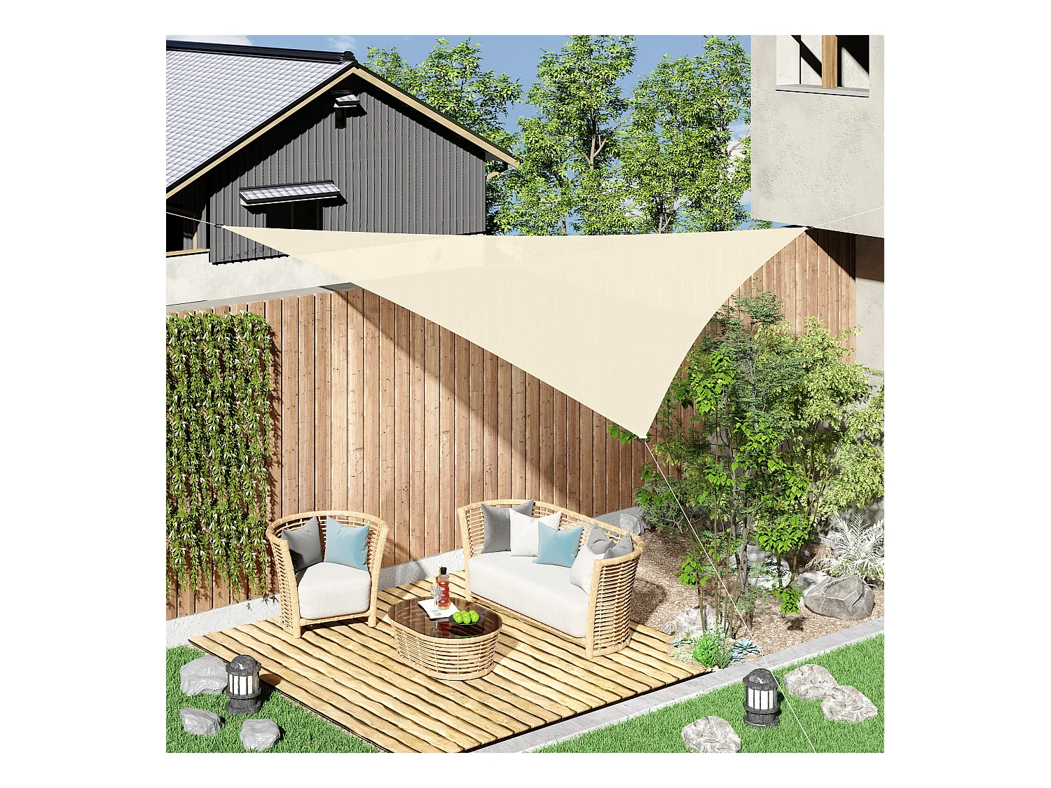 Voile d'ombrage triangulaire grande taille 4 x 4 x 4 m polyéthylène haute densité résistant aux UV crème