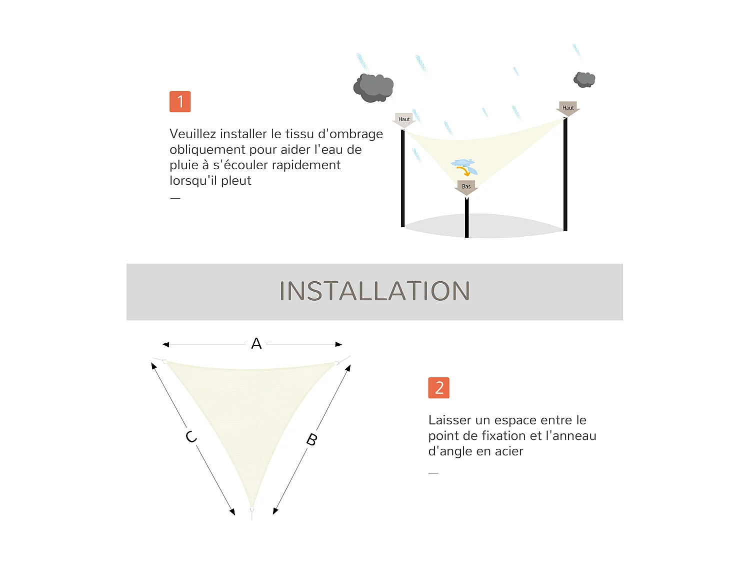 Voile d'ombrage triangulaire grande taille 4 x 4 x 4 m polyéthylène haute densité résistant aux UV crème