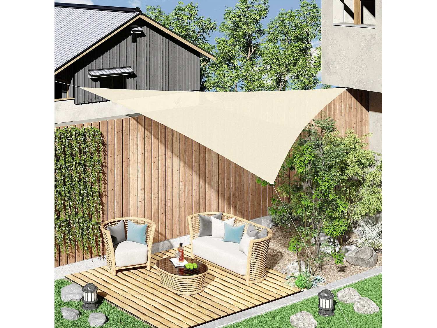 Voile d'ombrage triangulaire grande taille 4 x 4 x 4 m polyéthylène haute densité résistant aux UV crème