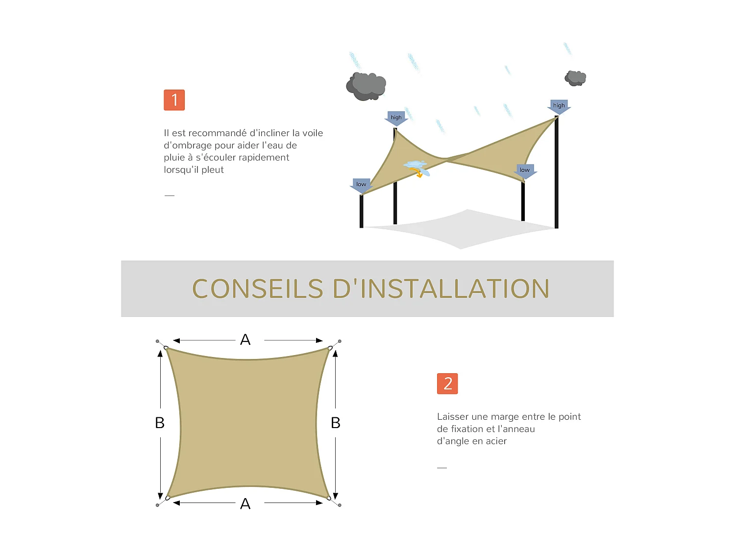 Voile d'ombrage rectangulaire 3 x 4 m polyéthylène haute densité résistant aux UV coloris sable