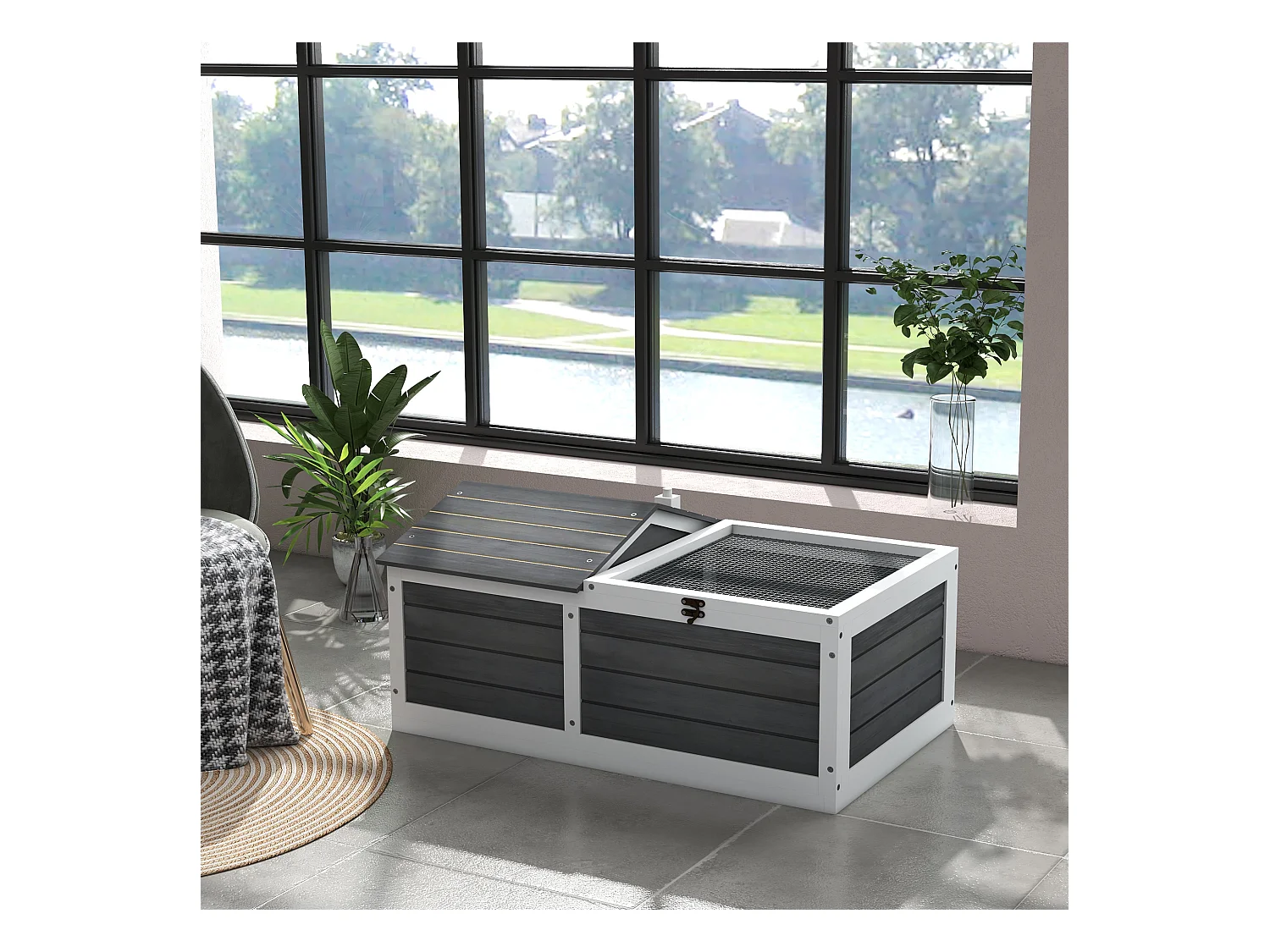 Enclos pour tortue - parc pour tortue - niche, enclos extérieur grillagé, toit ouvrant verrouillable - sapin gris blanc