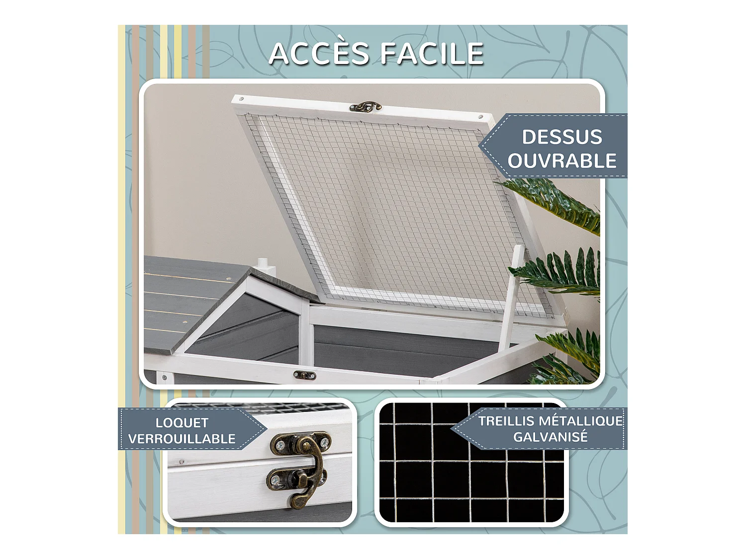 Enclos pour tortue - parc pour tortue - niche, enclos extérieur grillagé, toit ouvrant verrouillable - sapin gris blanc