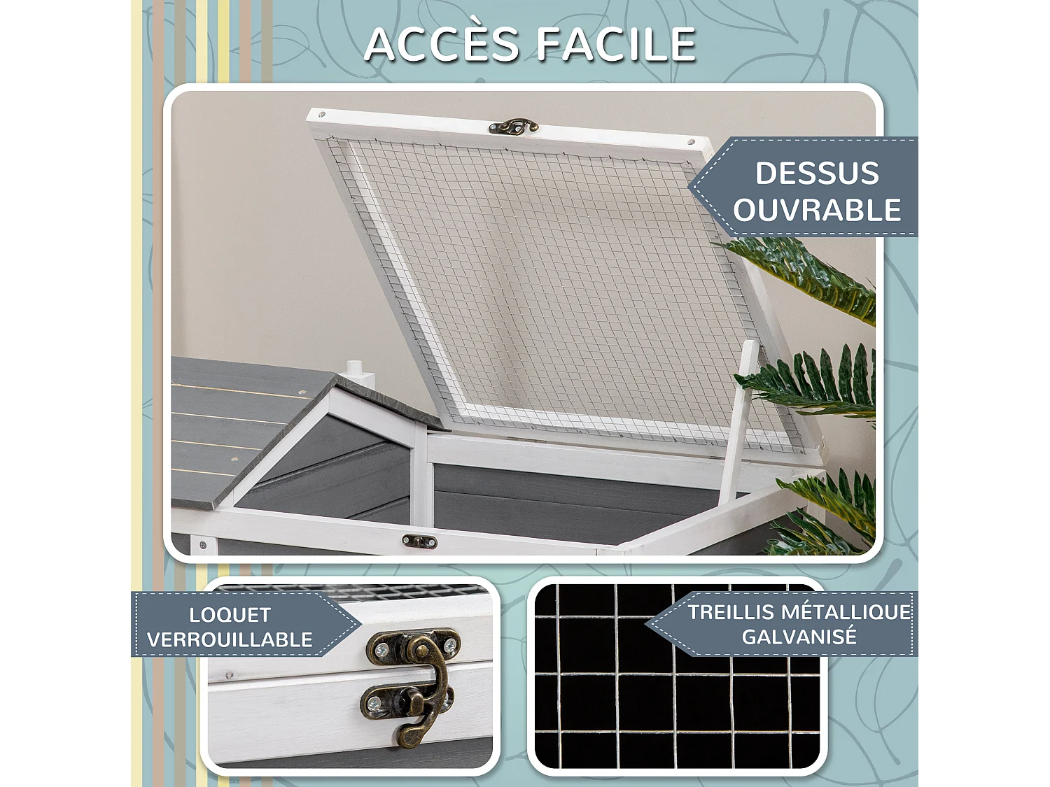 Enclos pour tortue - parc pour tortue - niche, enclos extérieur grillagé, toit ouvrant verrouillable - sapin gris blanc