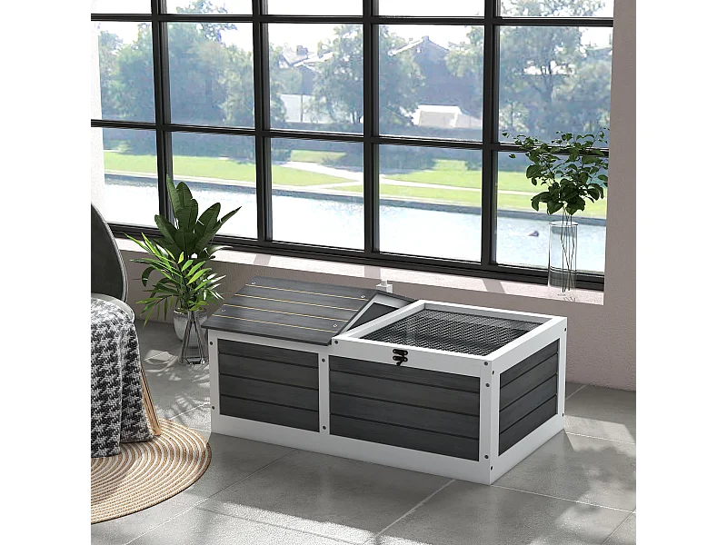 Enclos pour tortue - parc pour tortue - niche, enclos extérieur grillagé, toit ouvrant verrouillable - sapin gris blanc
