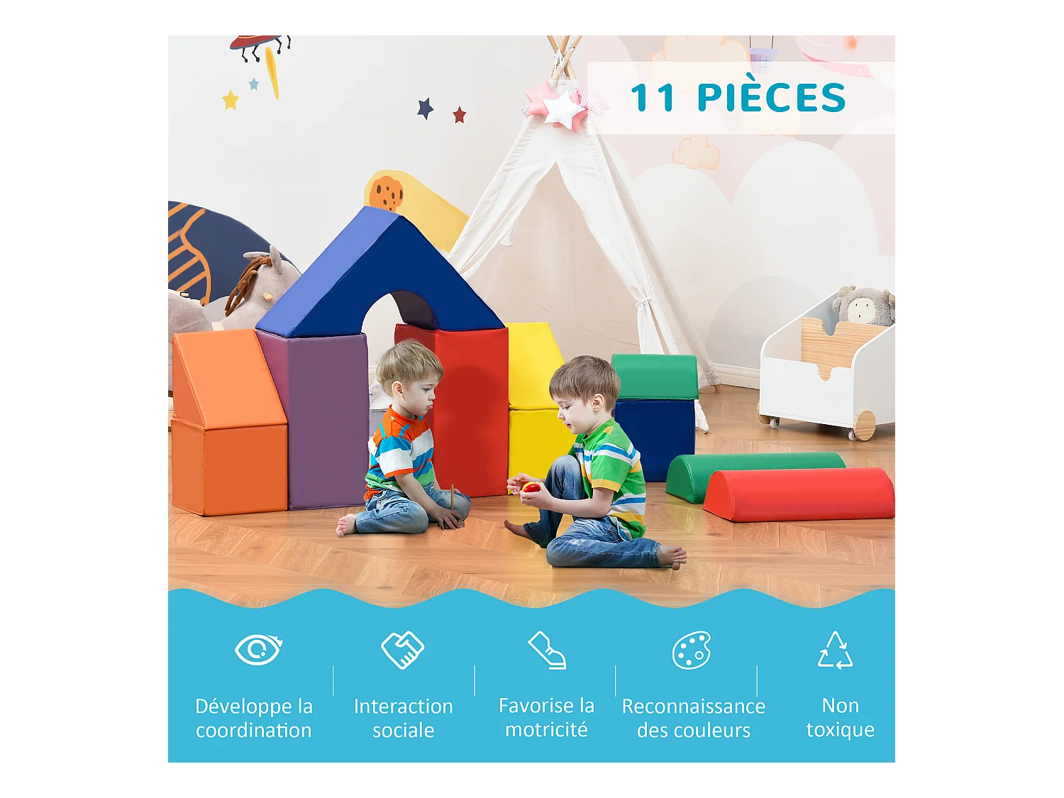 11 blocs de construction en mousse XXL - modules de motricité - jouets éducatifs - certifiés normes EN71-1-2-3 - mousse EPE revêtement PU multicolore