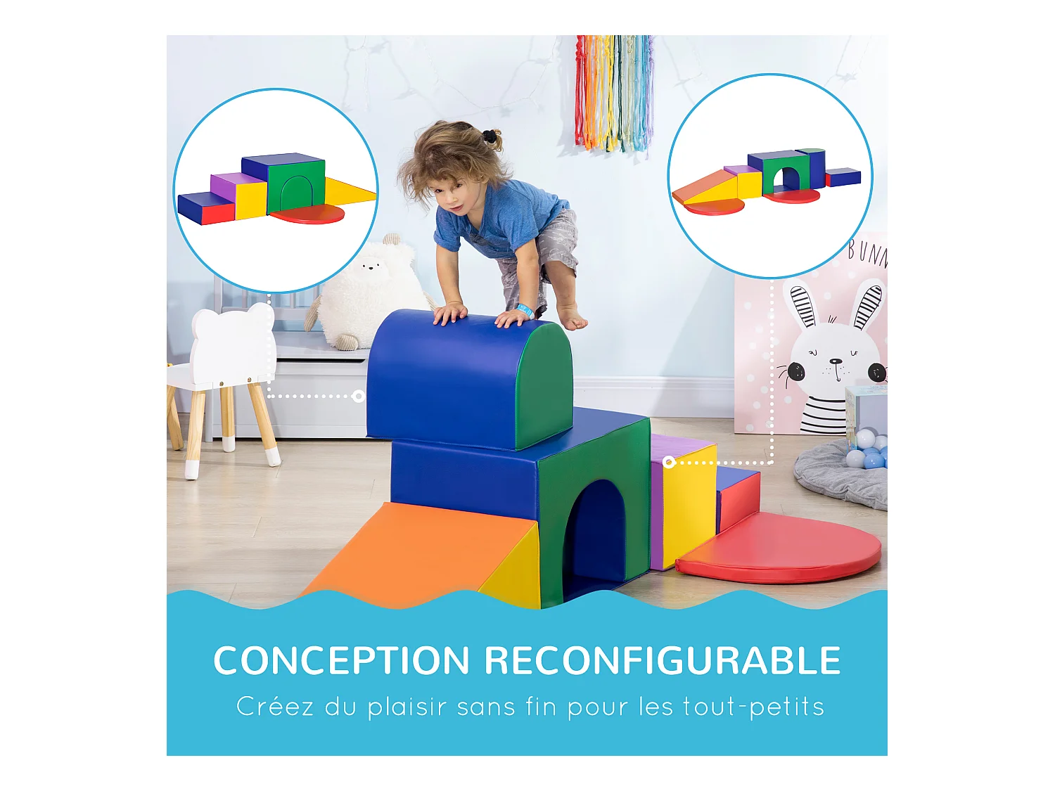 7 blocs de construction en mousse XXL - modules de motricité - jouets éducatifs - certifiés normes EN71-1-2-3 - mousse EPE revêtement PU multicolore