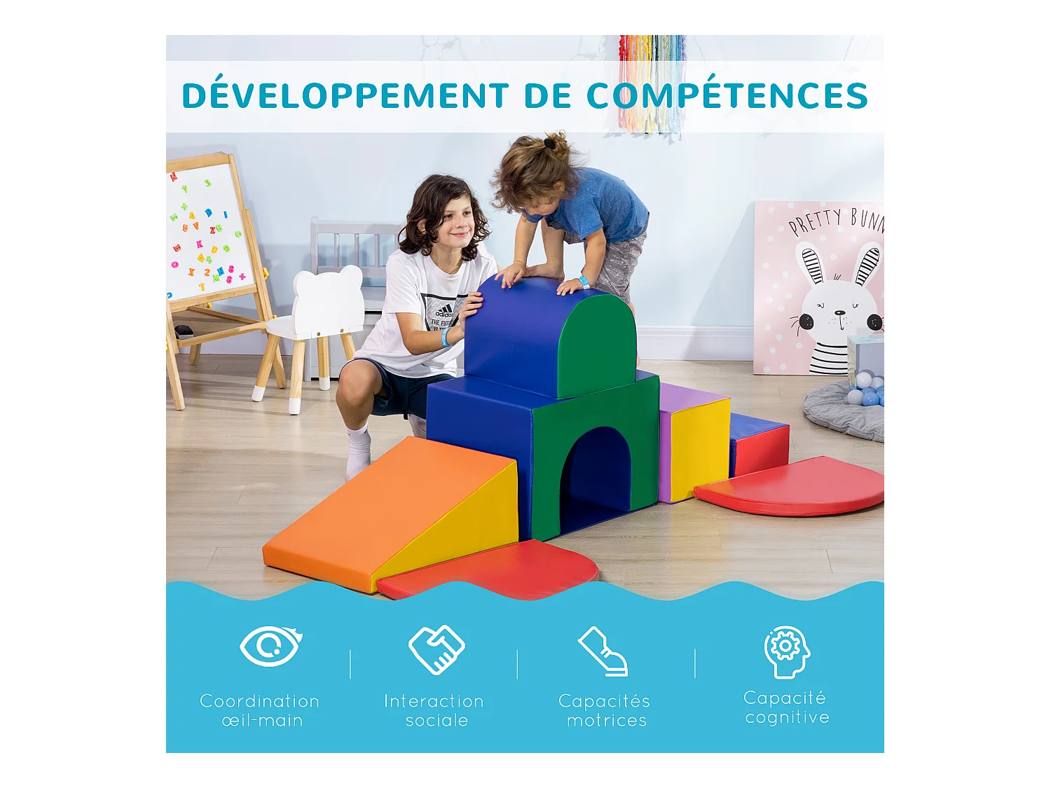 7 blocs de construction en mousse XXL - modules de motricité - jouets éducatifs - certifiés normes EN71-1-2-3 - mousse EPE revêtement PU multicolore