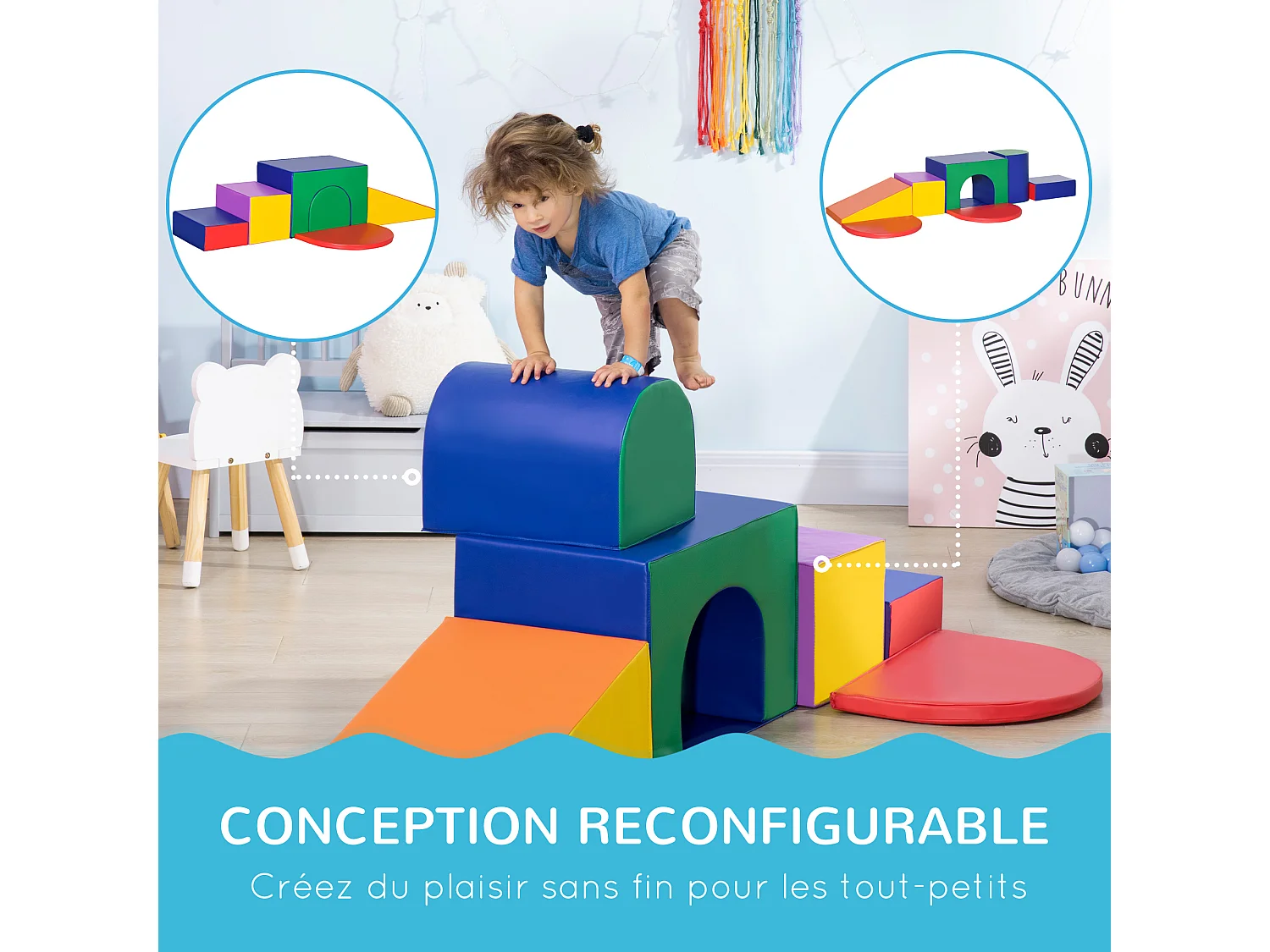 7 blocs de construction en mousse XXL - modules de motricité - jouets éducatifs - certifiés normes EN71-1-2-3 - mousse EPE revêtement PU multicolore