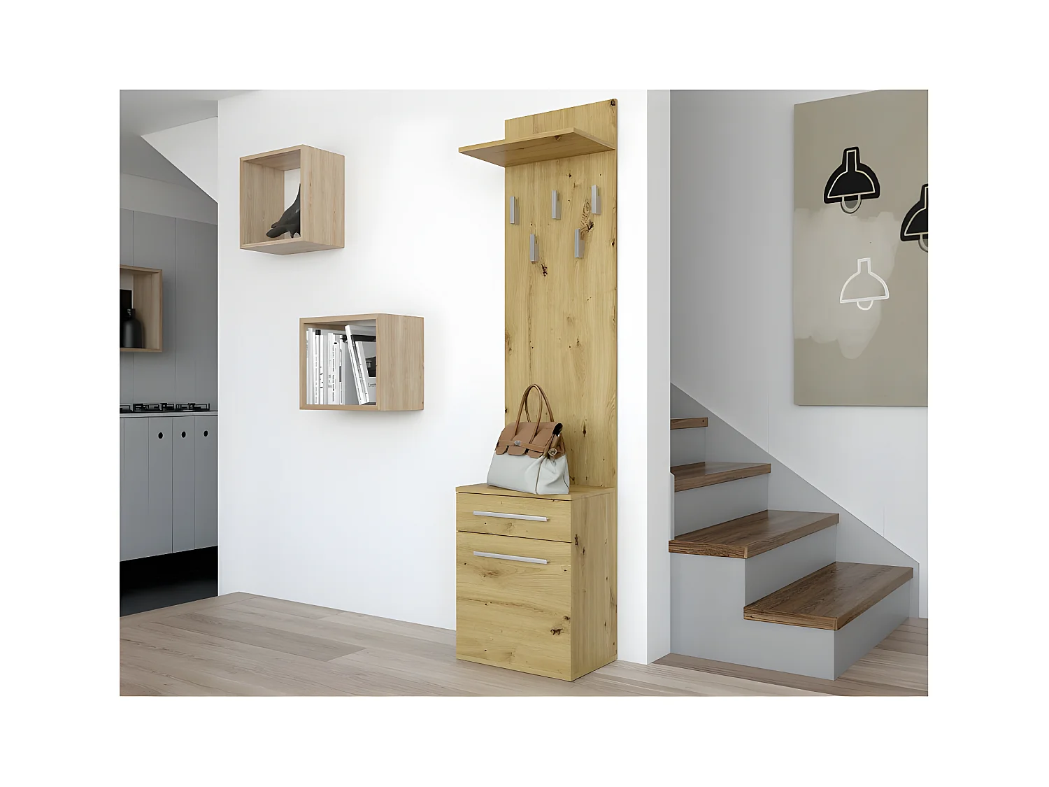 VIONI - Guardarropa de entrada - Perchero de pared con balda - 5 ganchos - Cajón + contenedor