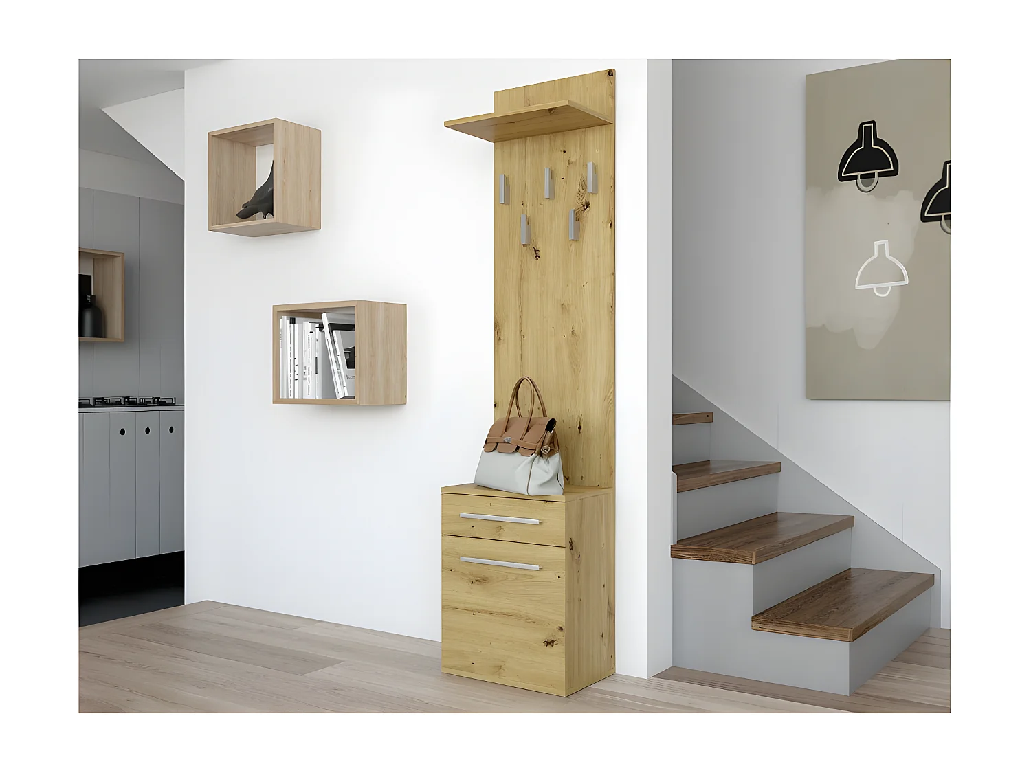 VIONI - Meuble vestiaire d'entrée - Portemanteau mural avec étagère - 5 crochets - Tiroir + meuble de rangement