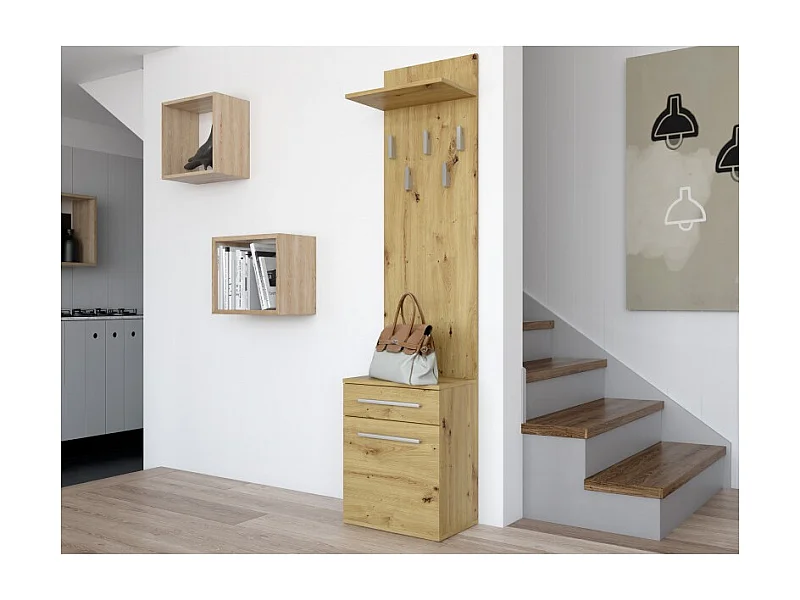 VIONI - Guardarropa de entrada - Perchero de pared con balda - 5 ganchos - Cajón + contenedor