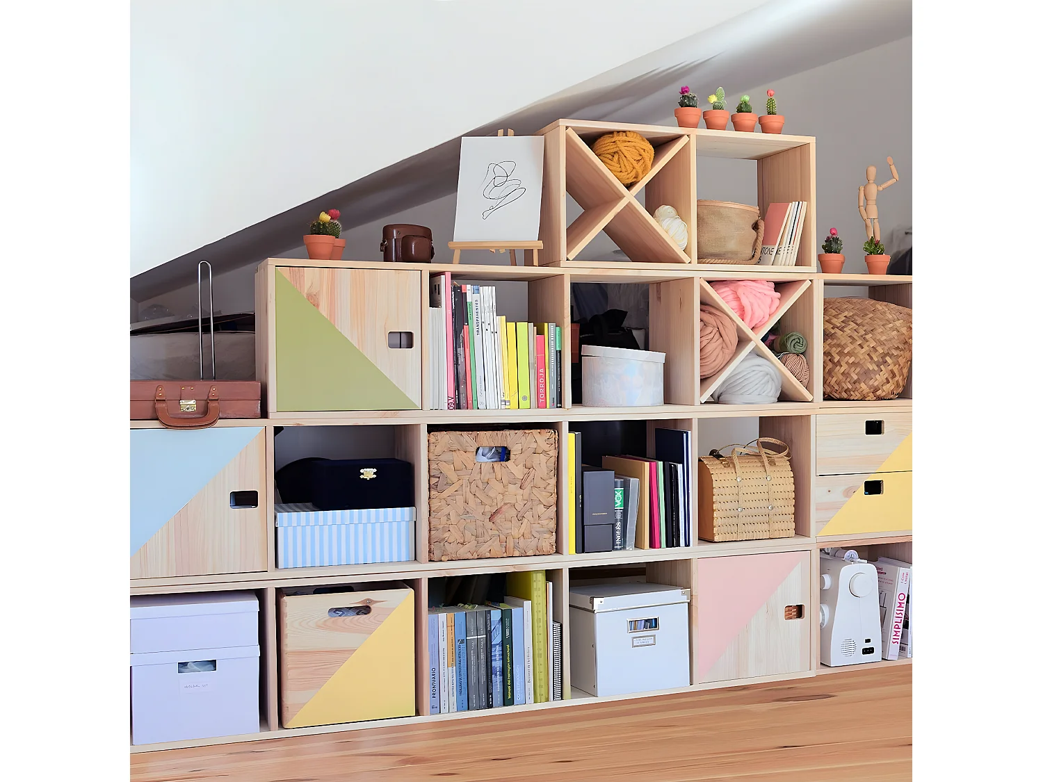 Cubo de almacenamiento de pino macizo Dinamic 3 cajones