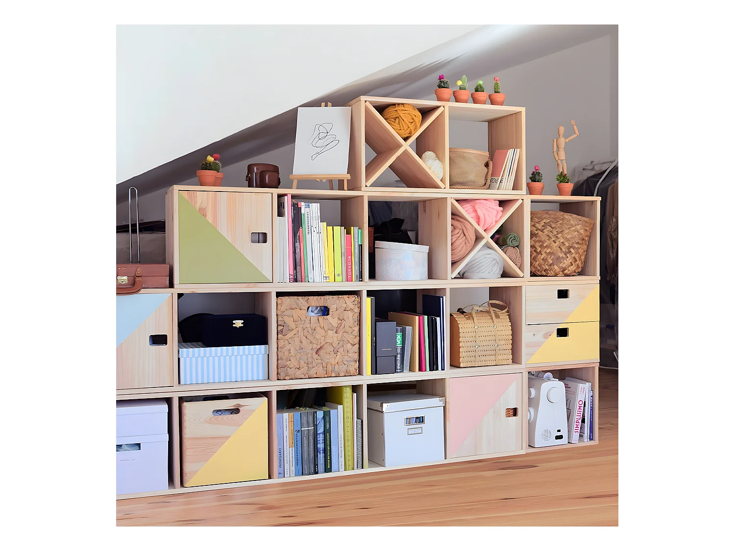 Blokkast met 2 laden van massief grenen - L36,2 x H36,2 cm