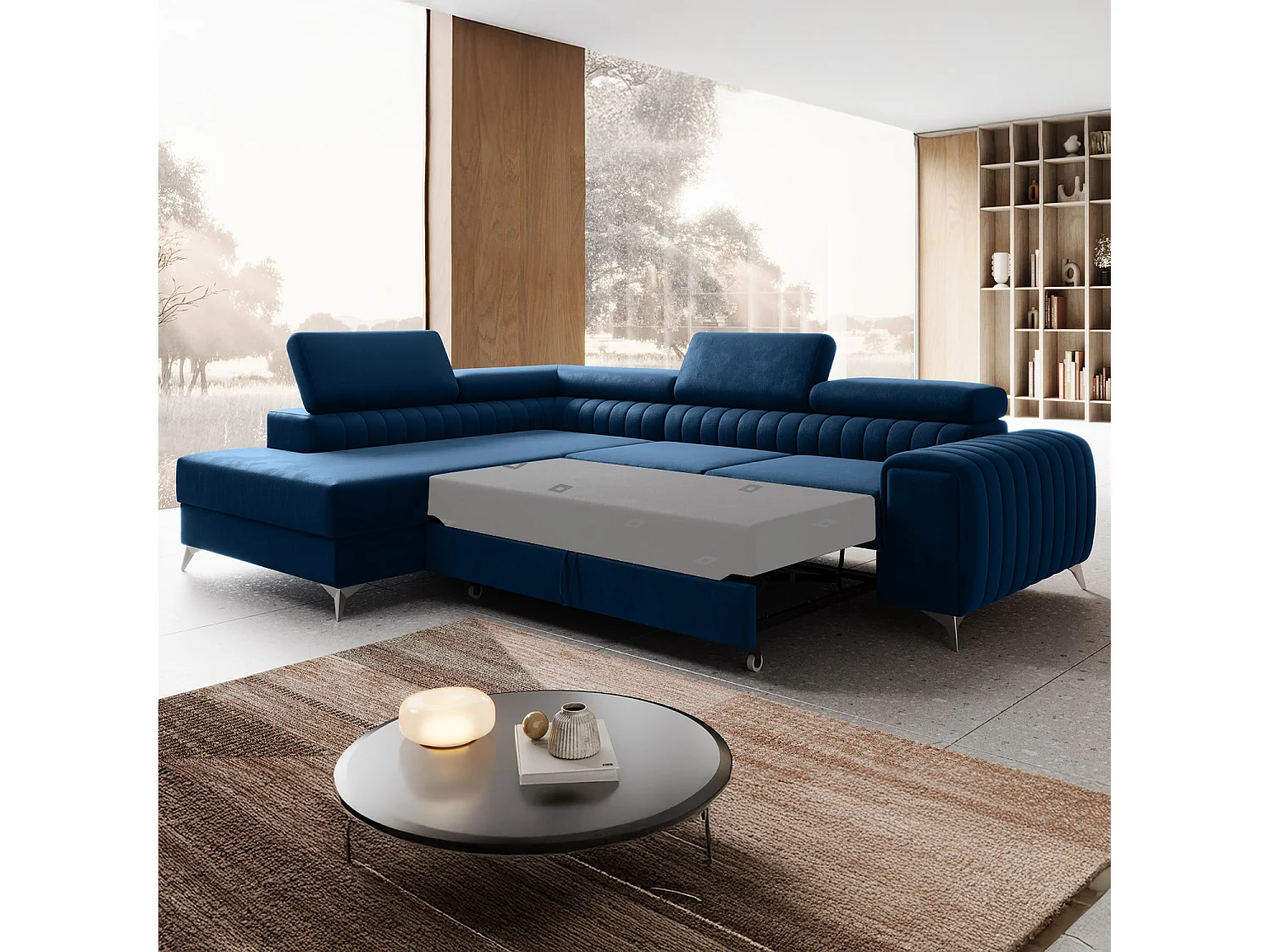 Canapé d'angle gauche convertible Isaac Velours Bleu
