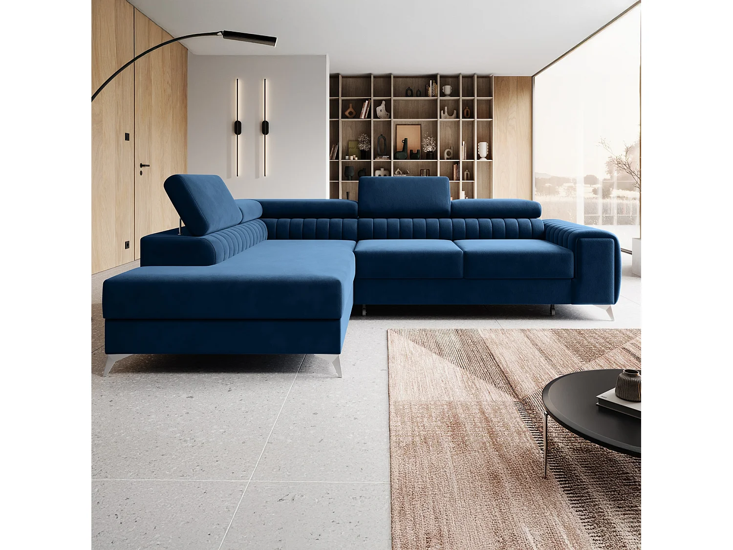 Grand canapé d'angle convertible 6 places en velours bleu ISAAC
