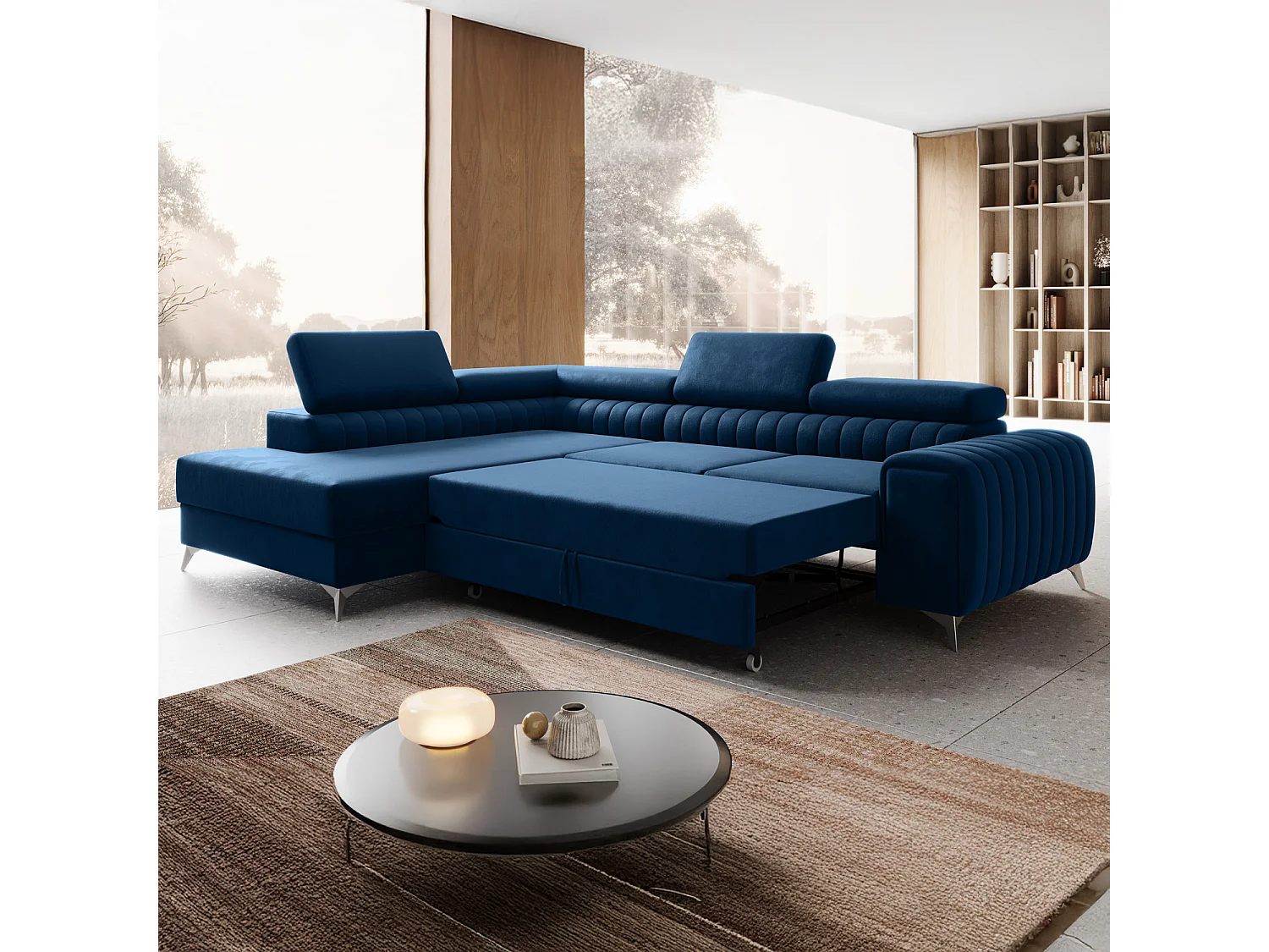 Grand canapé d'angle convertible 6 places en velours bleu ISAAC