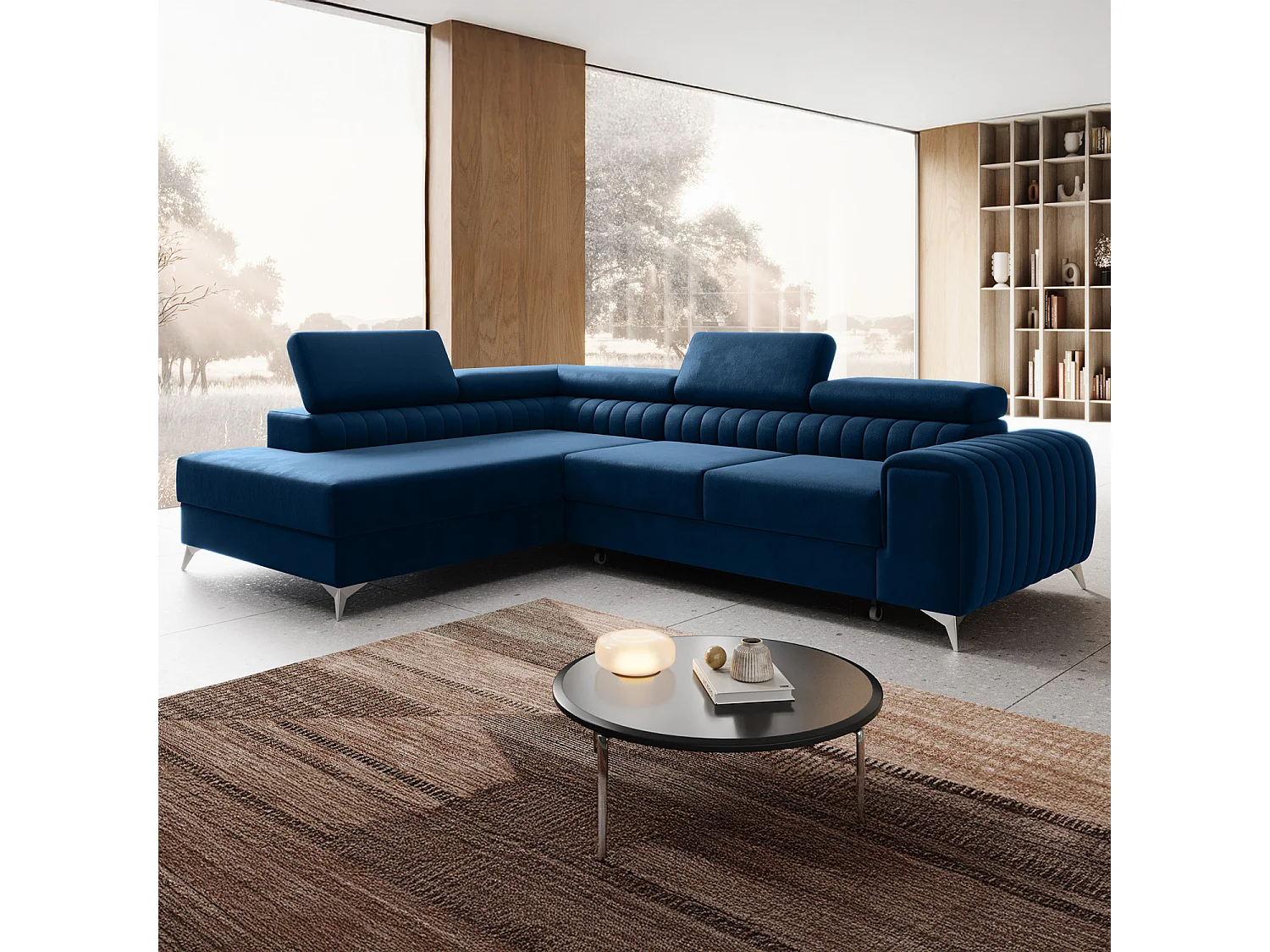 Grand canapé d'angle convertible 6 places en velours bleu ISAAC