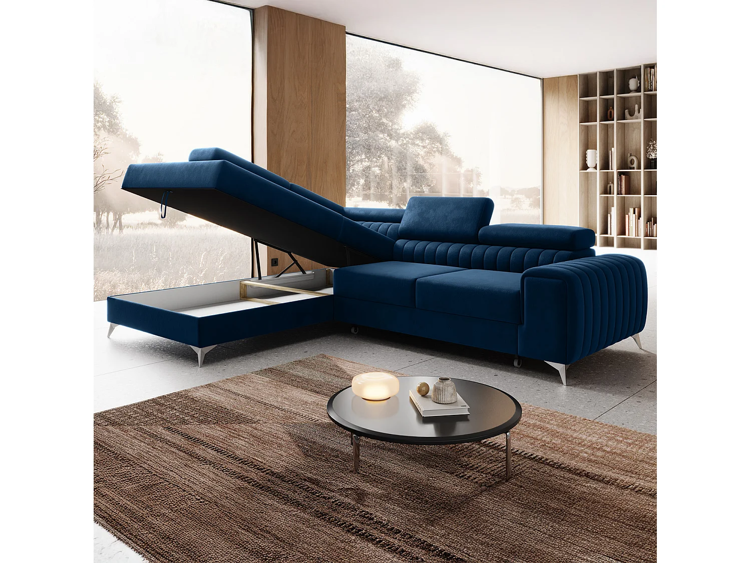 Grand canapé d'angle convertible 6 places en velours bleu ISAAC