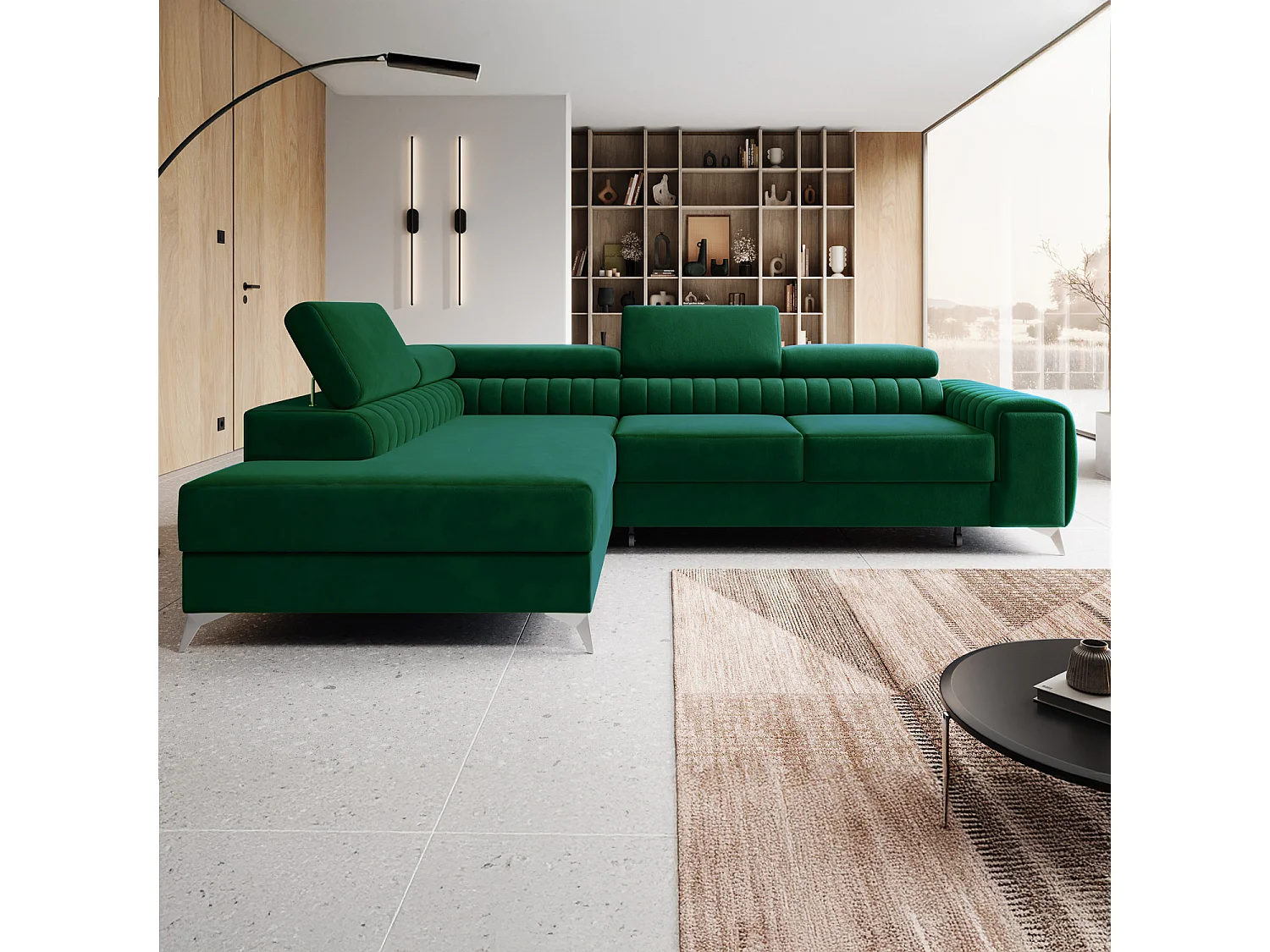Grand canapé d'angle convertible 6 places en velours vert ISAAC