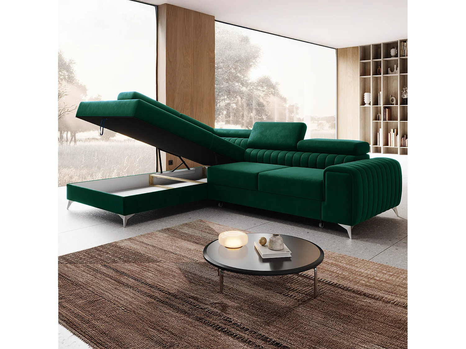 Grand canapé d'angle convertible 6 places en velours vert ISAAC