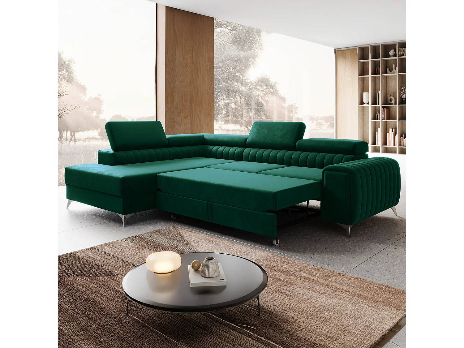 Grand canapé d'angle convertible 6 places en velours vert ISAAC