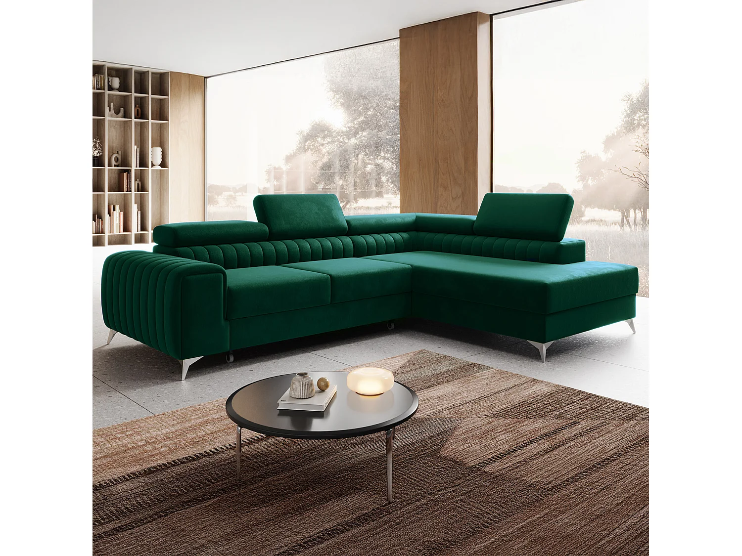 Canapé d'angle droit convertible Isaac Velours Vert