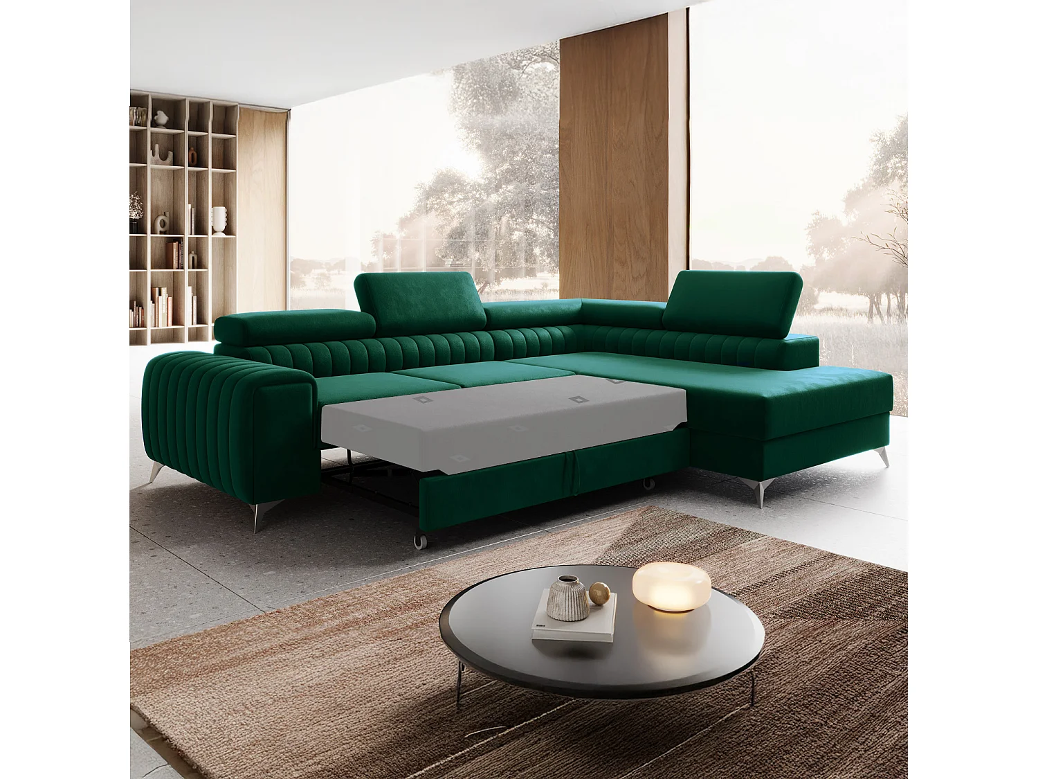 Canapé d'angle droit convertible Isaac Velours Vert